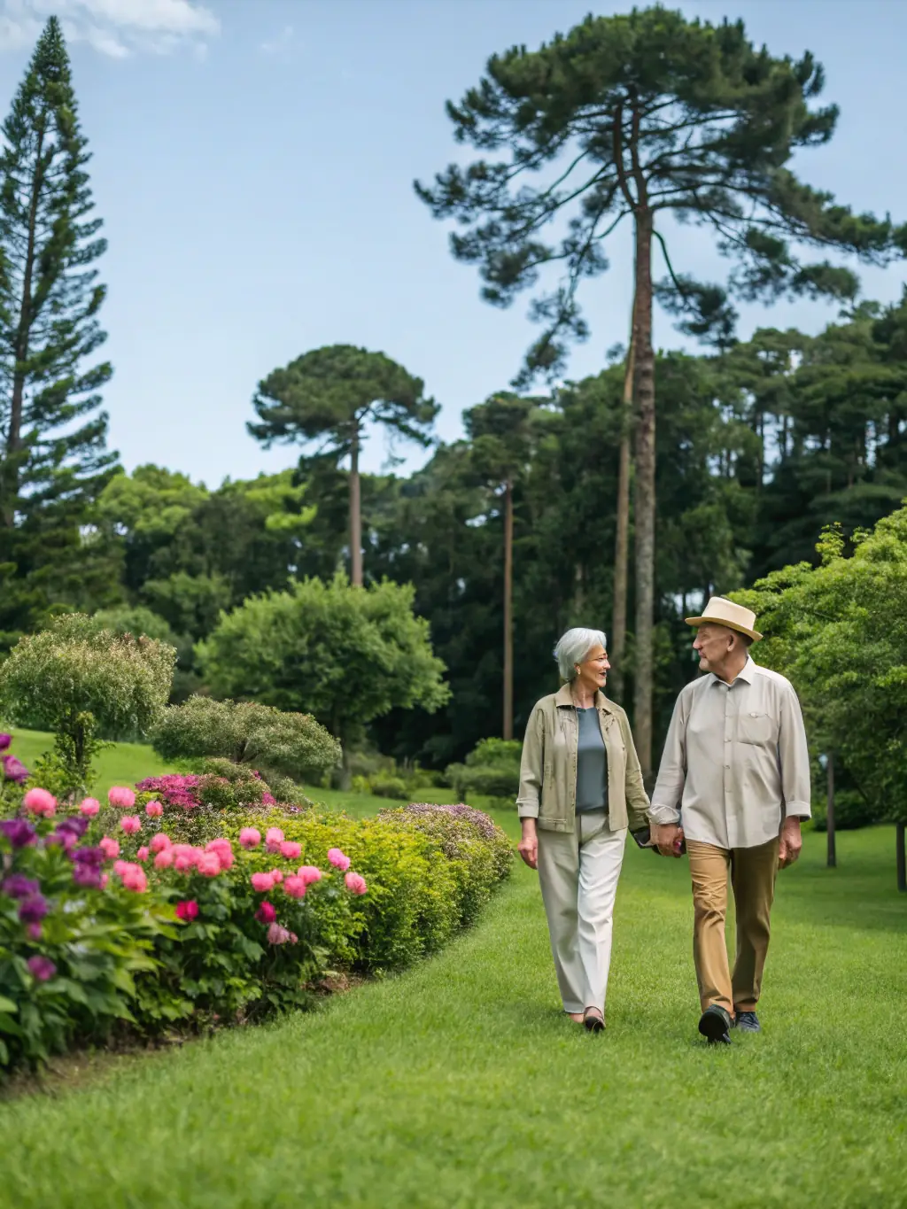 A senior couple smiling and holding hands while walking in a park, representing the peace of mind offered by Lifetime Health Insurance's Medicare Advantage plan.