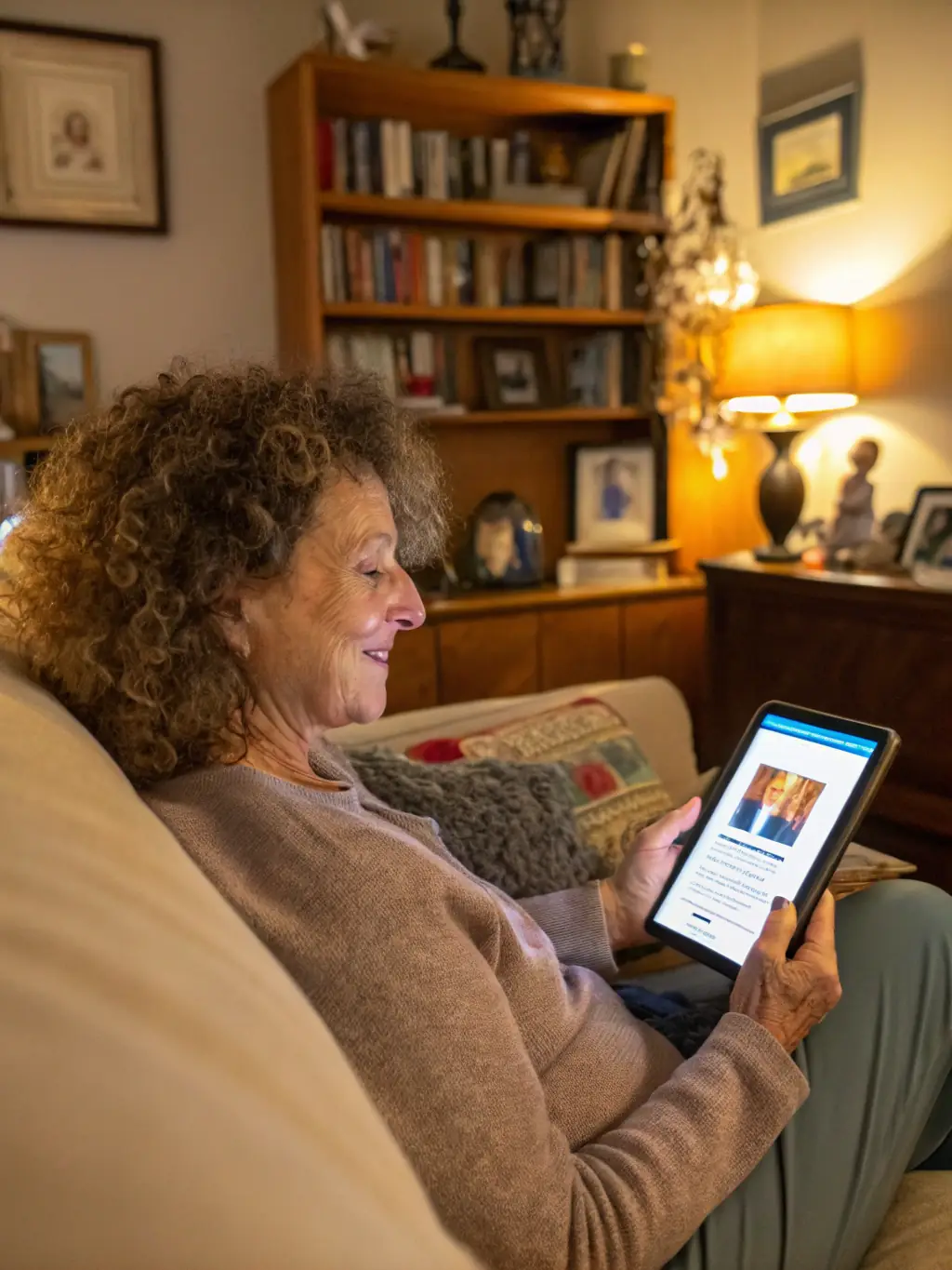An elderly woman confidently using a tablet to access telehealth services, illustrating the convenience and accessibility of Lifetime Health Insurance's telehealth options.