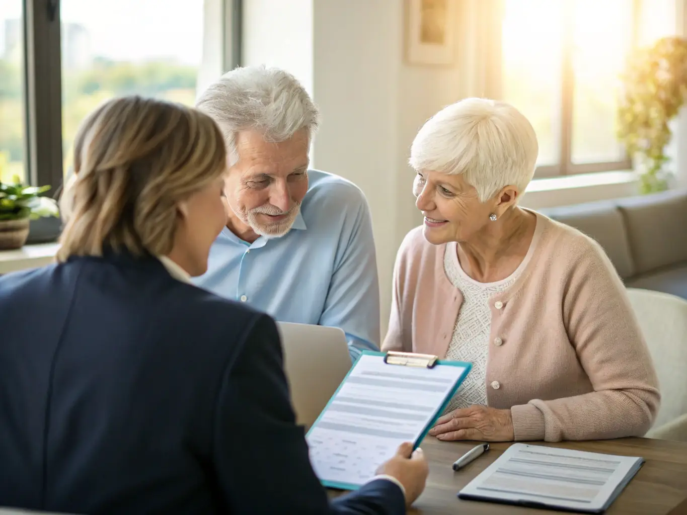A senior couple smiling and reviewing Medicare plan options with a Lifetime Health Insurance agent in a bright, comfortable office setting.