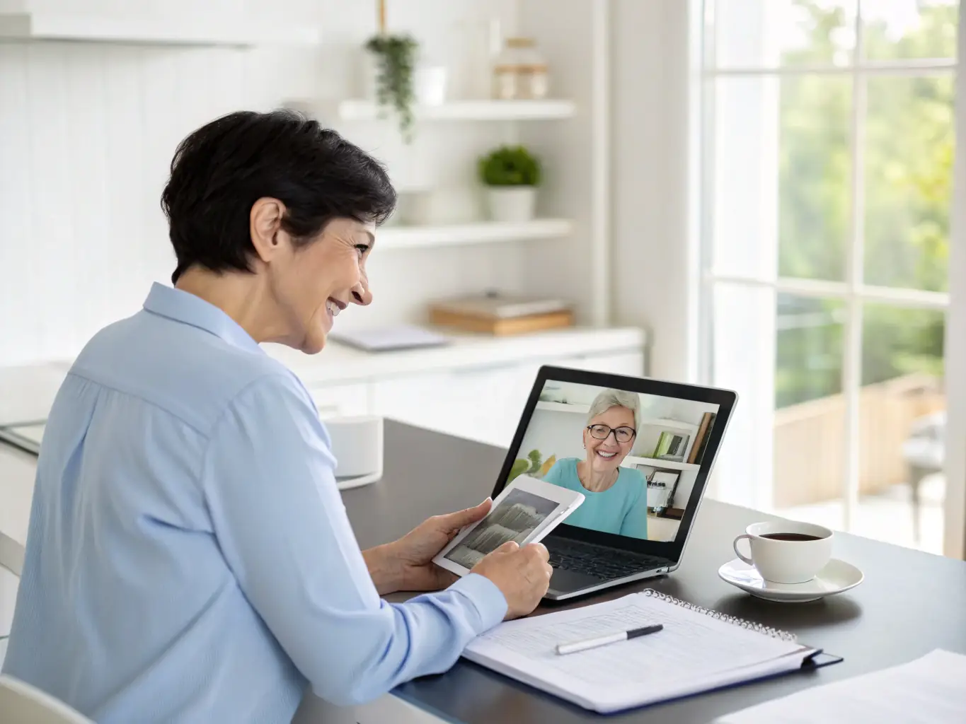 A friendly, licensed health insurance agent assisting a senior client with their Medicare plan options in a bright, modern office setting. The agent is explaining the benefits of Lifetime Health Insurance.