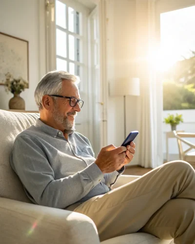 A senior using a tablet to access information about Medicare plans, highlighting the comprehensive resources provided by Lifetime Health Insurance.