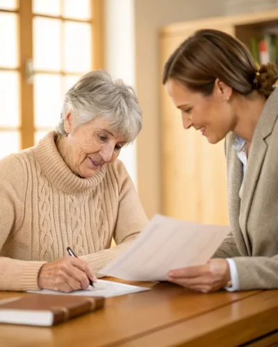 A friendly insurance agent explaining Medicare options to a senior client, emphasizing the personalized assistance provided by Lifetime Health Insurance.